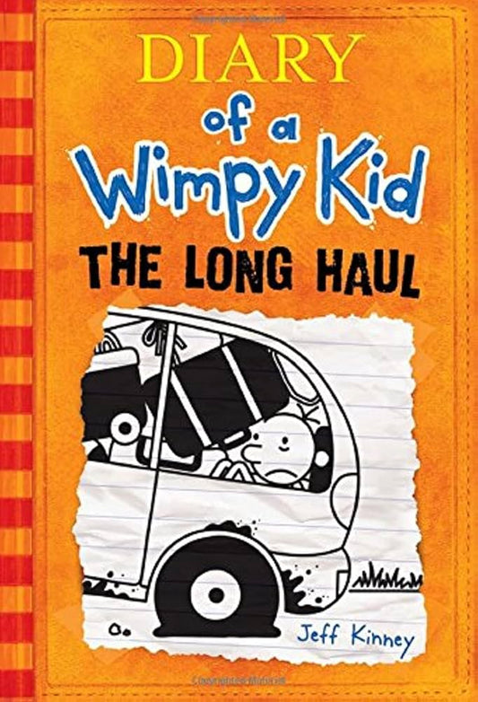 Book cover of 'Diary of a Wimpy Kid: The Long Haul' with an orange background and van illustration.