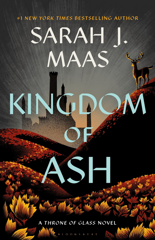 Book cover of 'Kingdom of Ash' by Sarah J. Maas with a castle and deer silhouette.
