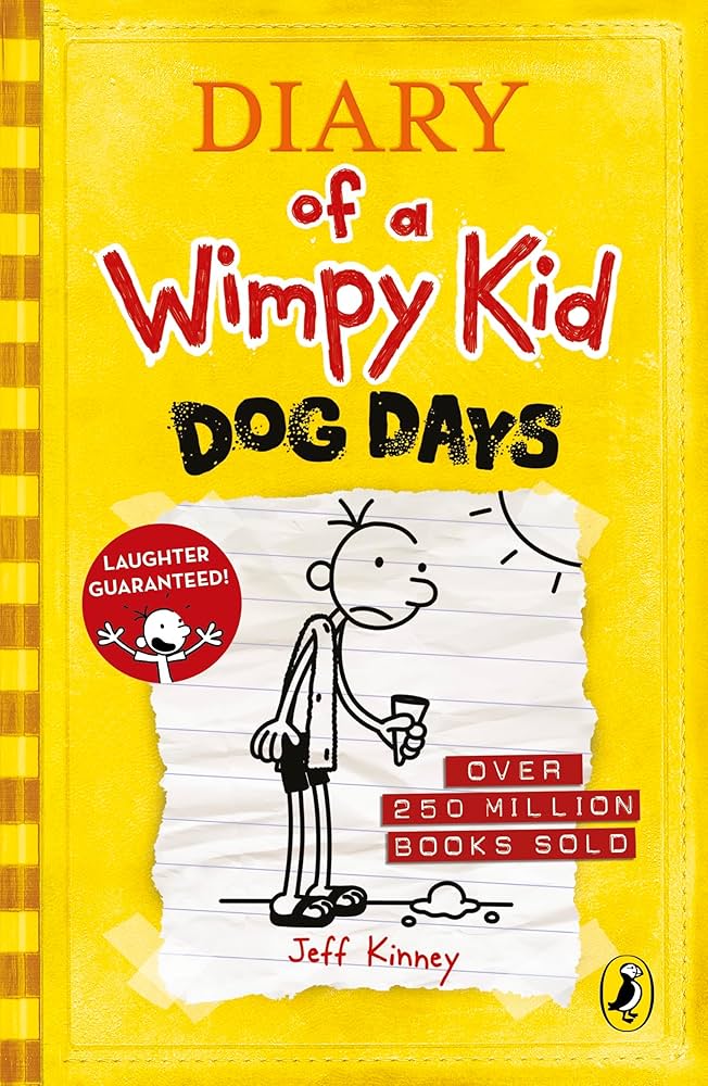 Book cover of 'Diary of a Wimpy Kid: Dog Days' by Jeff Kinney with a yellow background and cartoon character.