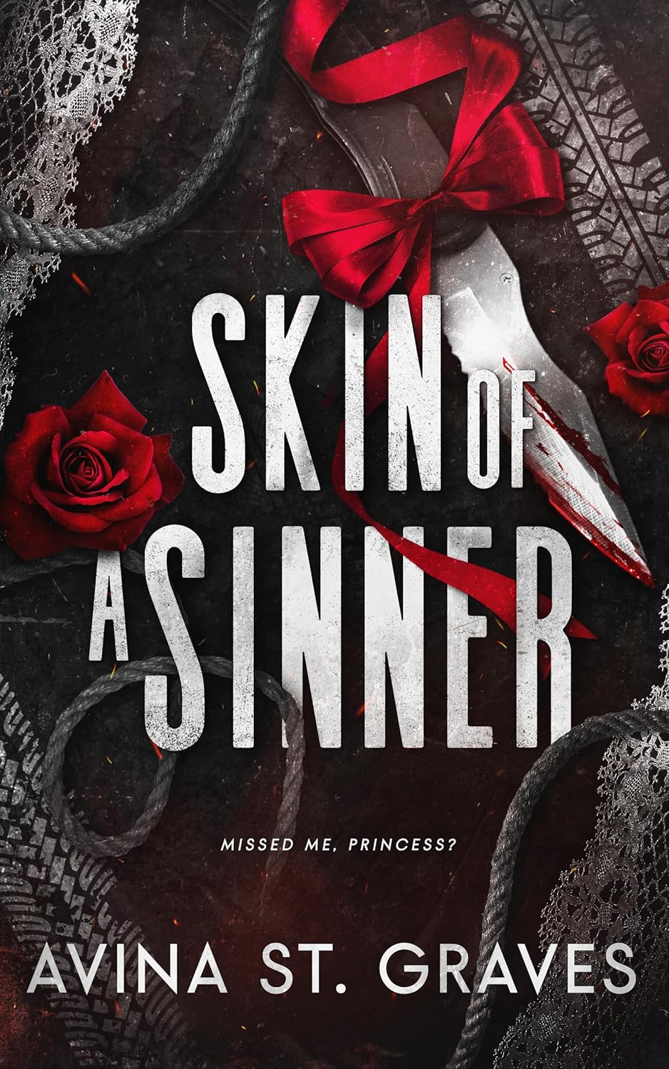 Book cover of 'Skin of a Sinner' with red roses and a dagger.