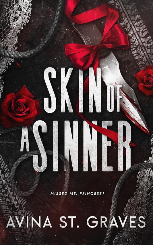 Book cover of 'Skin of a Sinner' with red roses and a dagger.