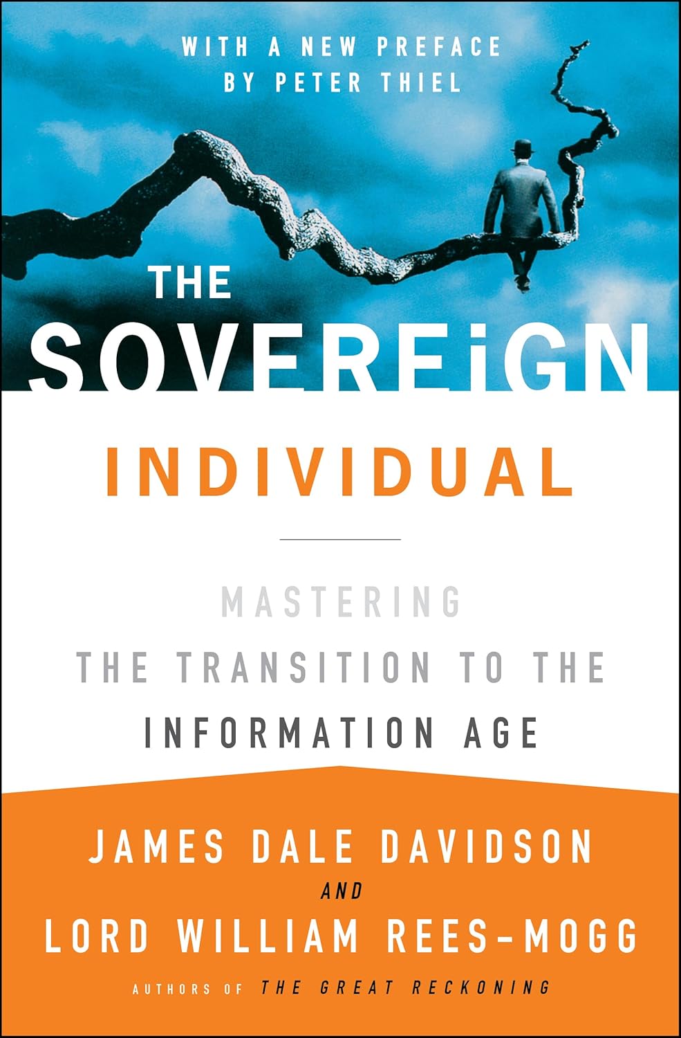 Book cover of 'The Sovereign Individual' with a blue sky and branch background.