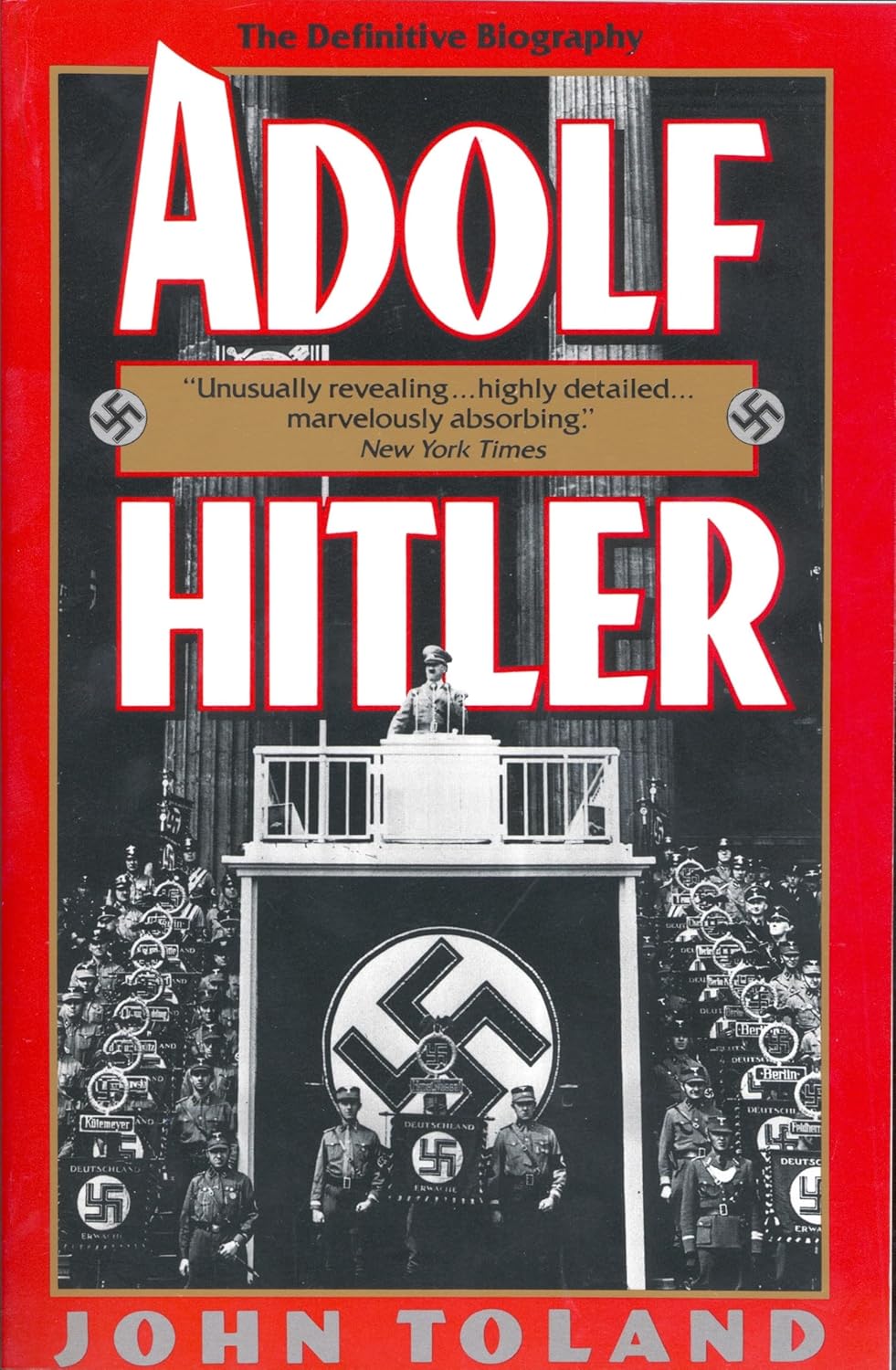 Book cover of 'Adolf Hitler' by John Toland with a red border and black background.