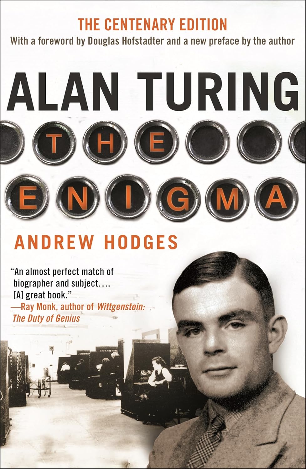 Book cover of 'Alan Turing: The Enigma' with a portrait of Alan Turing and text about the book.