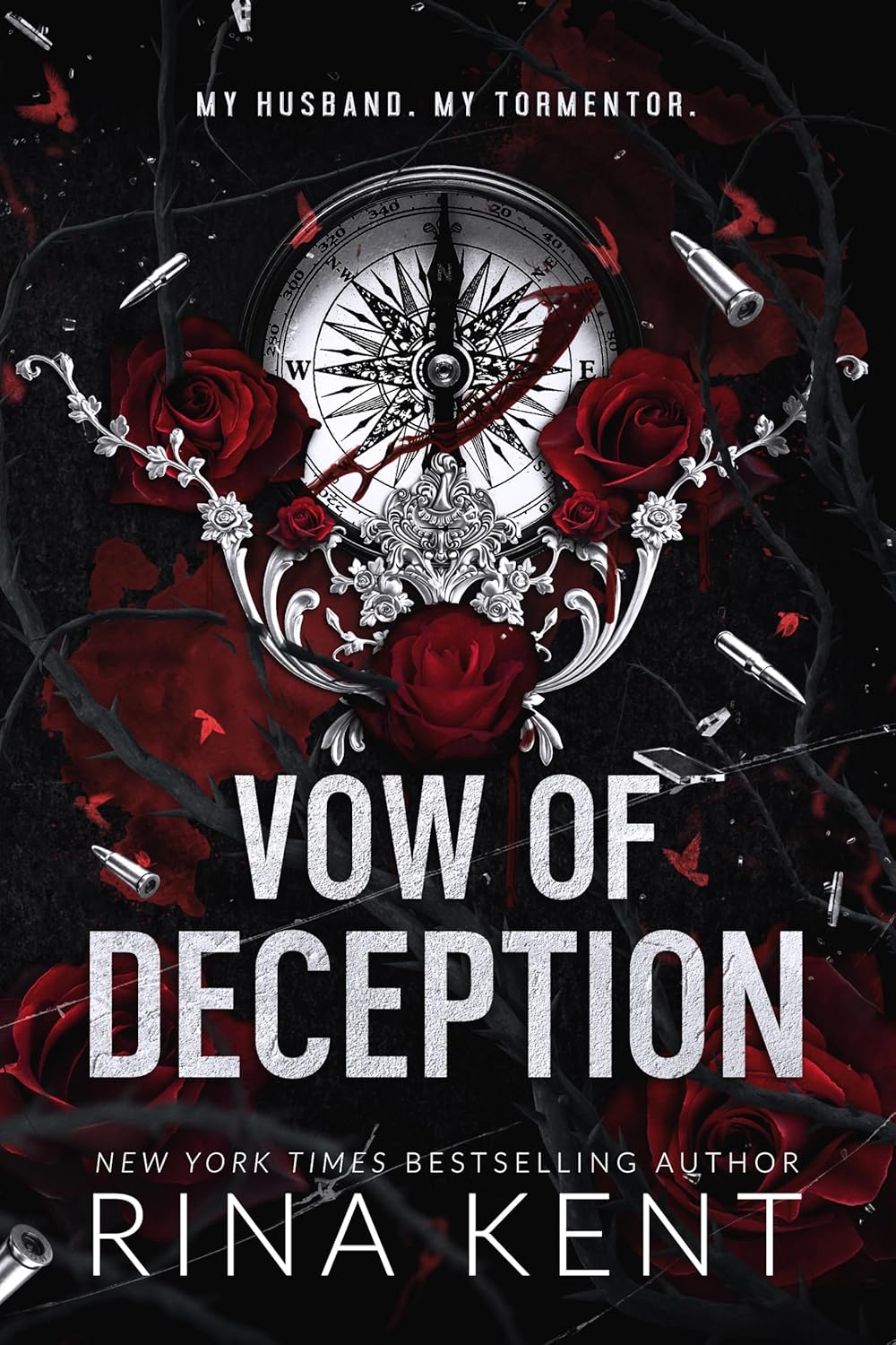 Book cover of 'Vow of Deception' with a clock, roses, and text on a dark background