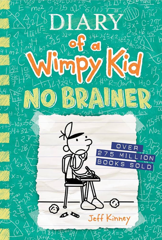 Book cover of 'Diary of a Wimpy Kid: No Brainer' with a green background and cartoon character.