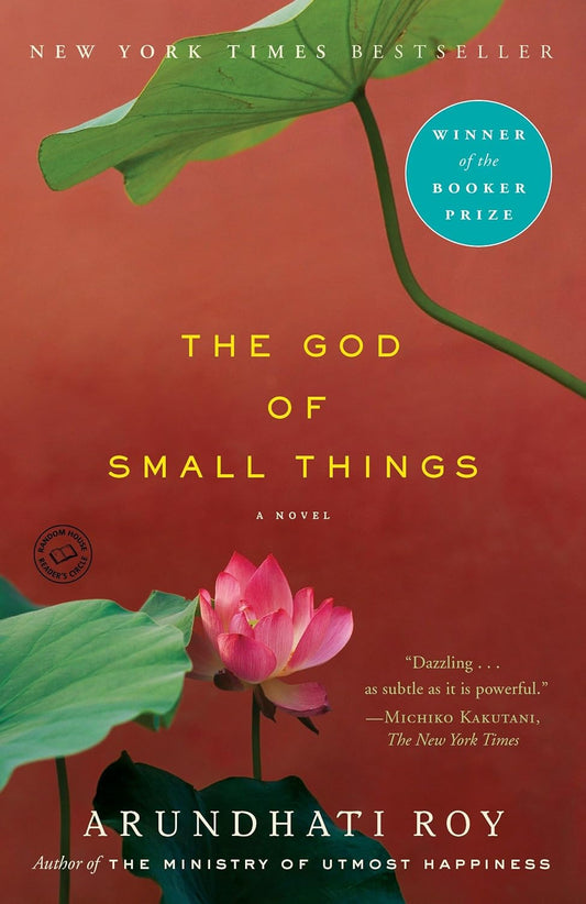 Book cover of 'The God of Small Things' with a pink flower and green leaves on a red background.