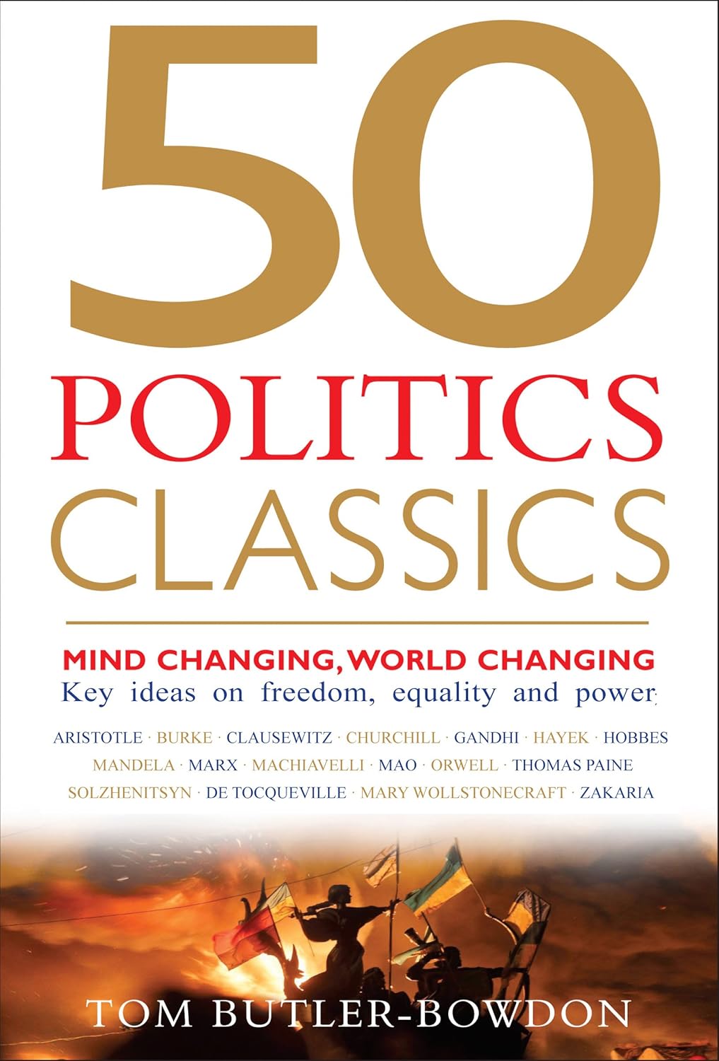 Book cover of '50 Politics Classics' with a sunset and people on a boat design.