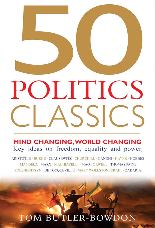 Book cover of '50 Politics Classics' with a sunset and people on a boat design.