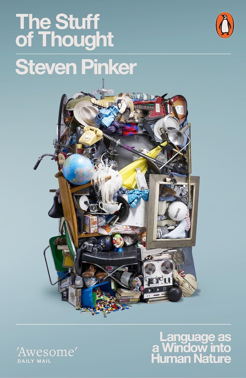 Book cover of 'The Stuff of Thought' by Steven Pinker with a collage of everyday objects on a light blue background.