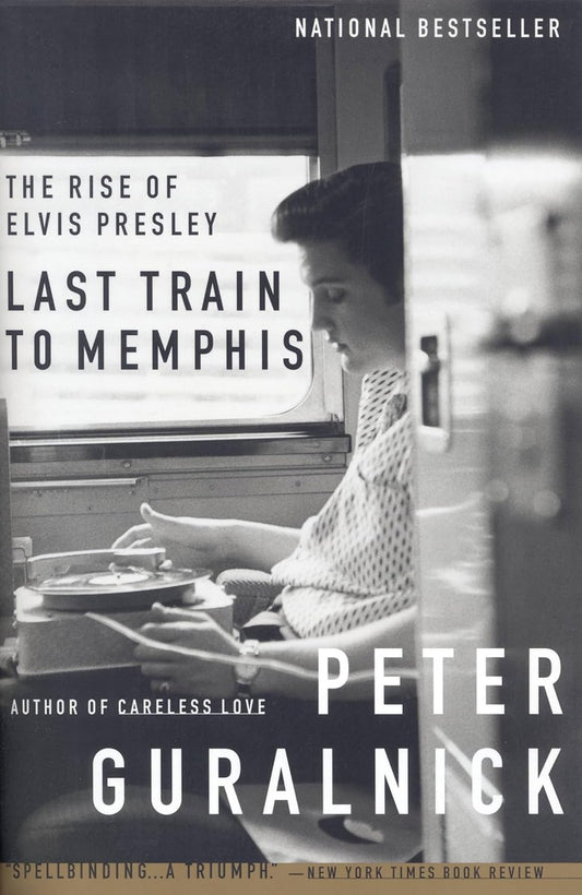 Book cover of 'Last Train to Memphis' by Peter Guralnick featuring a woman at a typewriter.