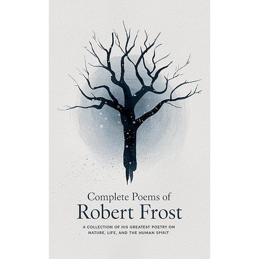 Book cover of 'Complete Poems of Robert Frost' with a black tree silhouette on a light gray background.
