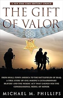 Book cover of 'The Gift of Valor' with silhouettes of soldiers and a medal against a sunset sky.
