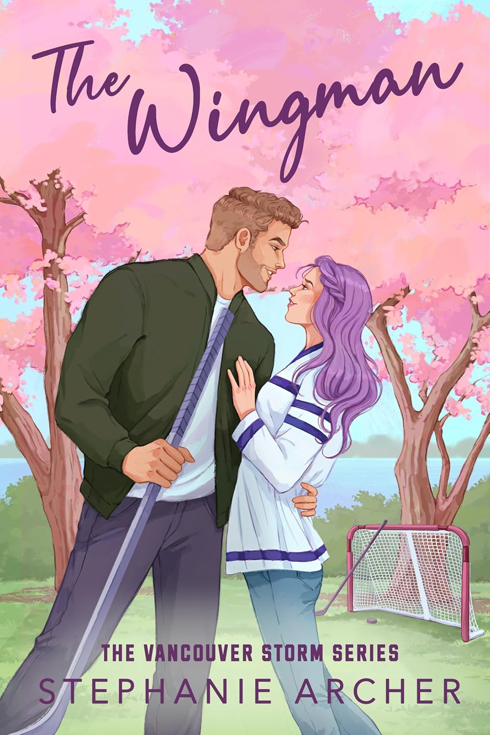Book cover of 'The Wingman' featuring a couple in a park with cherry blossoms.