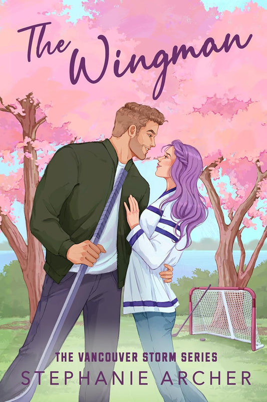 Book cover of 'The Wingman' featuring a couple in a park with cherry blossoms.