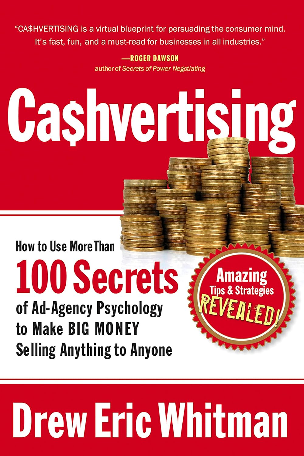 Book cover of 'Cashvertising' with gold coins and red background