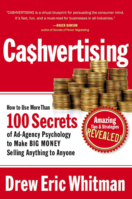 Book cover of 'Cashvertising' with gold coins and red background