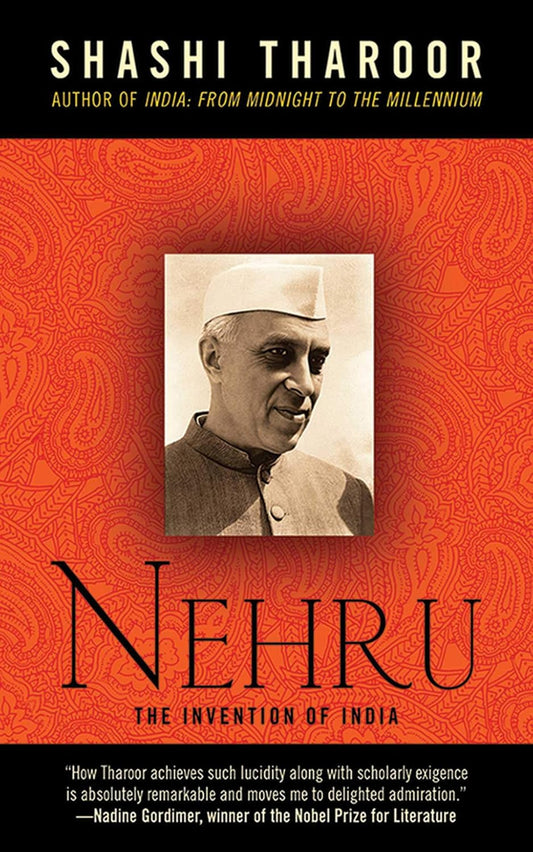 Book cover of 'Nehru: The Invention of India' by Shashi Tharoor with a portrait of Nehru on an orange background.