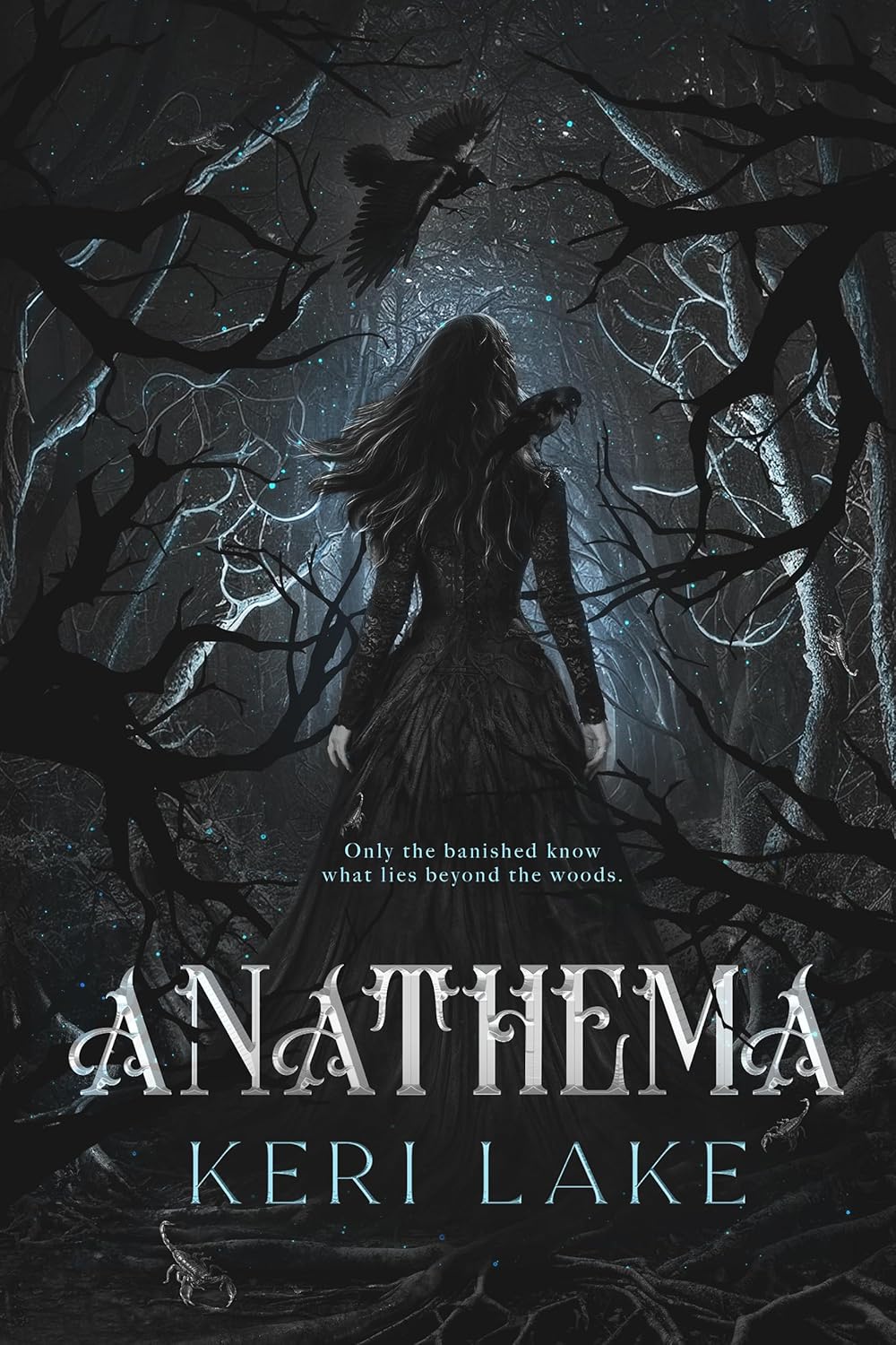 Book cover of 'Anathema' by Keri Lake featuring a woman in a dark forest with a crow.
