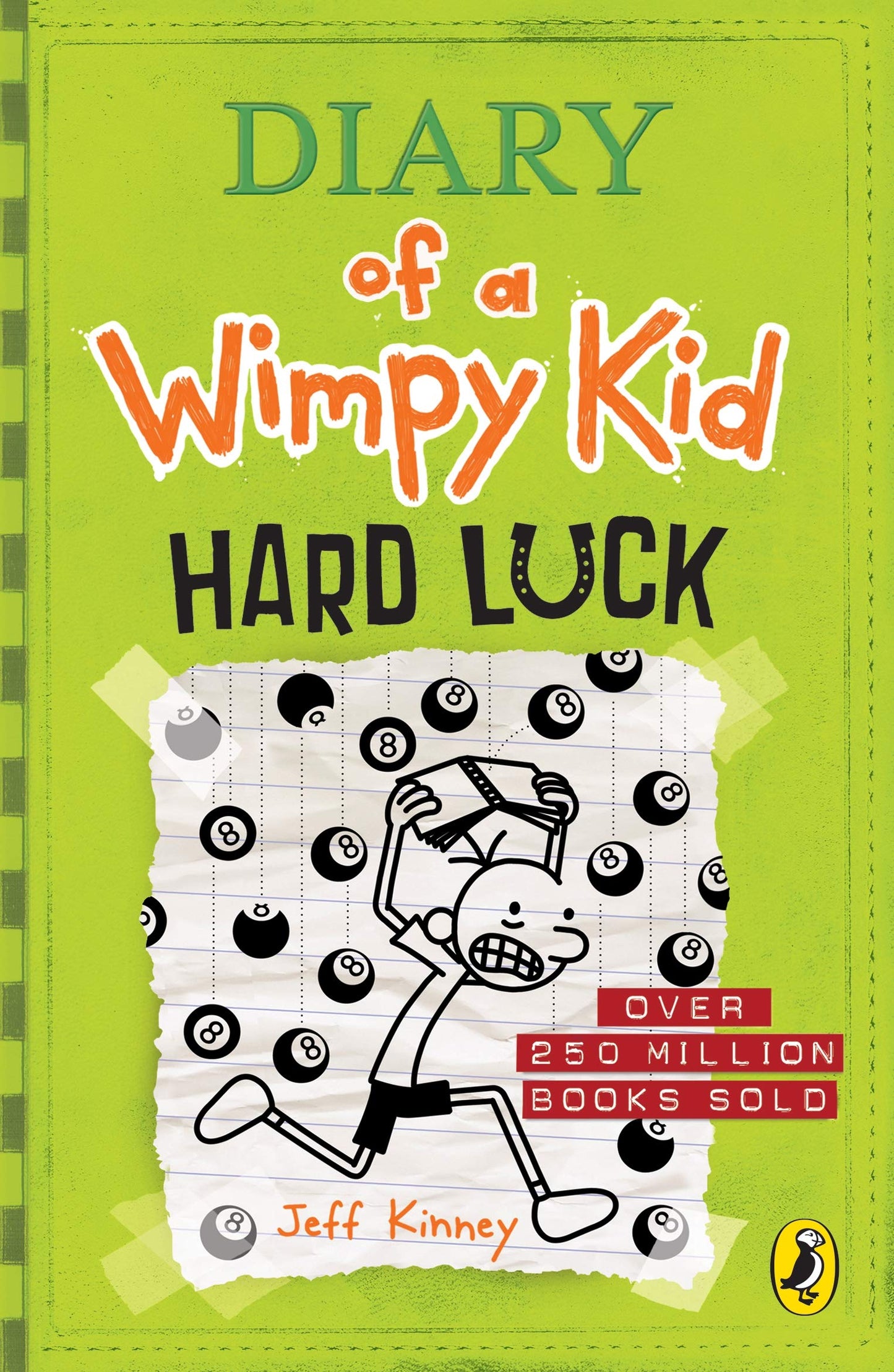 Book cover of 'Diary of a Wimpy Kid: Hard Luck' by Jeff Kinney with a green background and cartoon character.