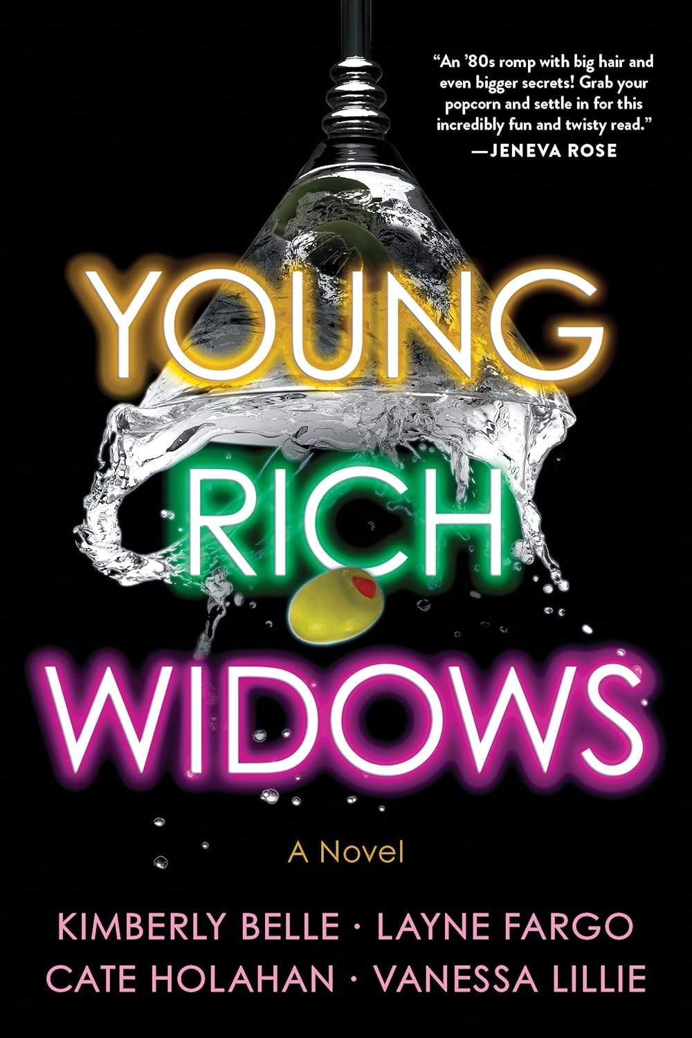 Book cover of 'Young Rich Widows' with a glass of water and olives on a black background