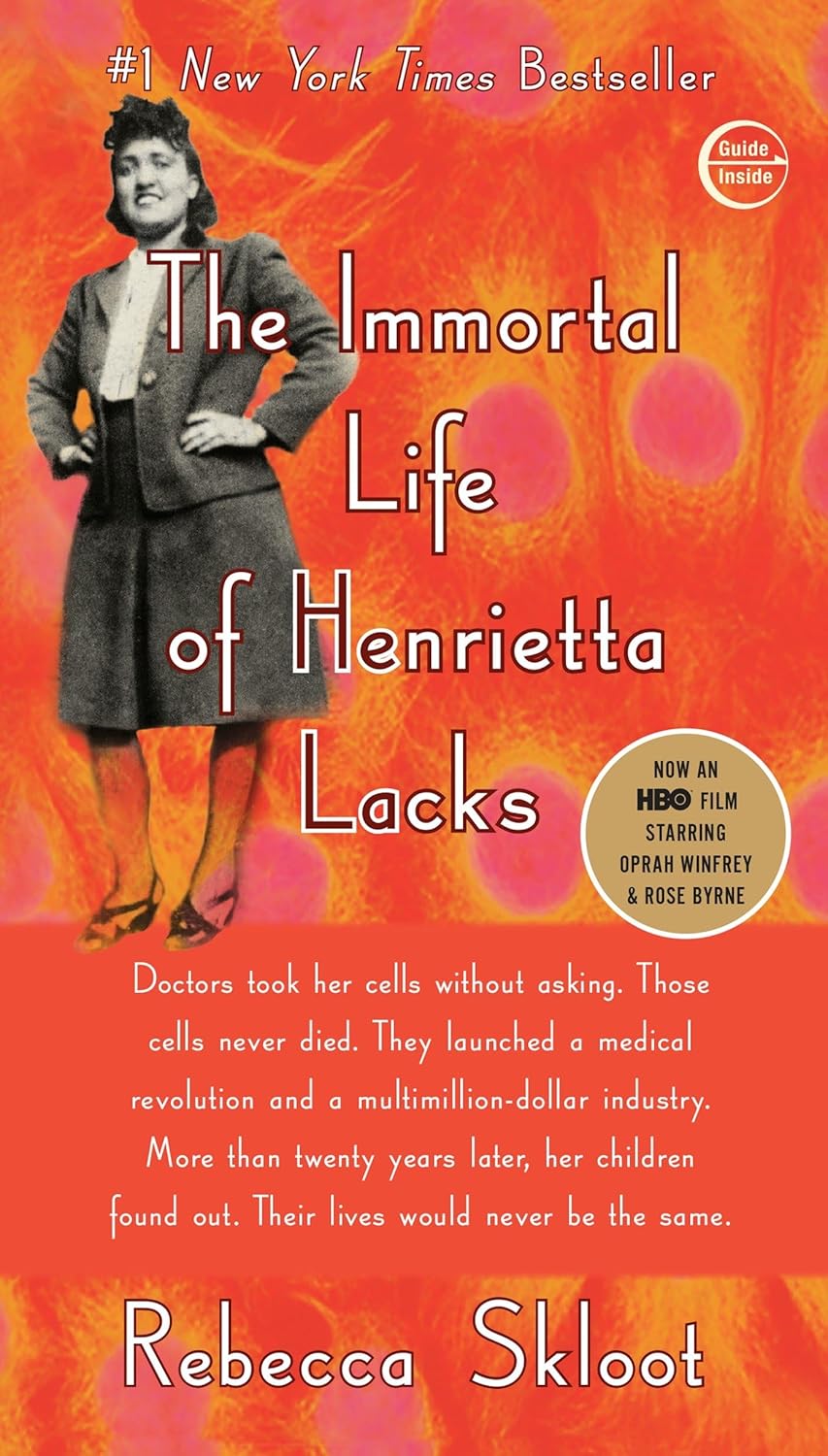 Book cover of 'The Immortal Life of Henrietta Lacks' with a woman in a suit and text on an orange background.