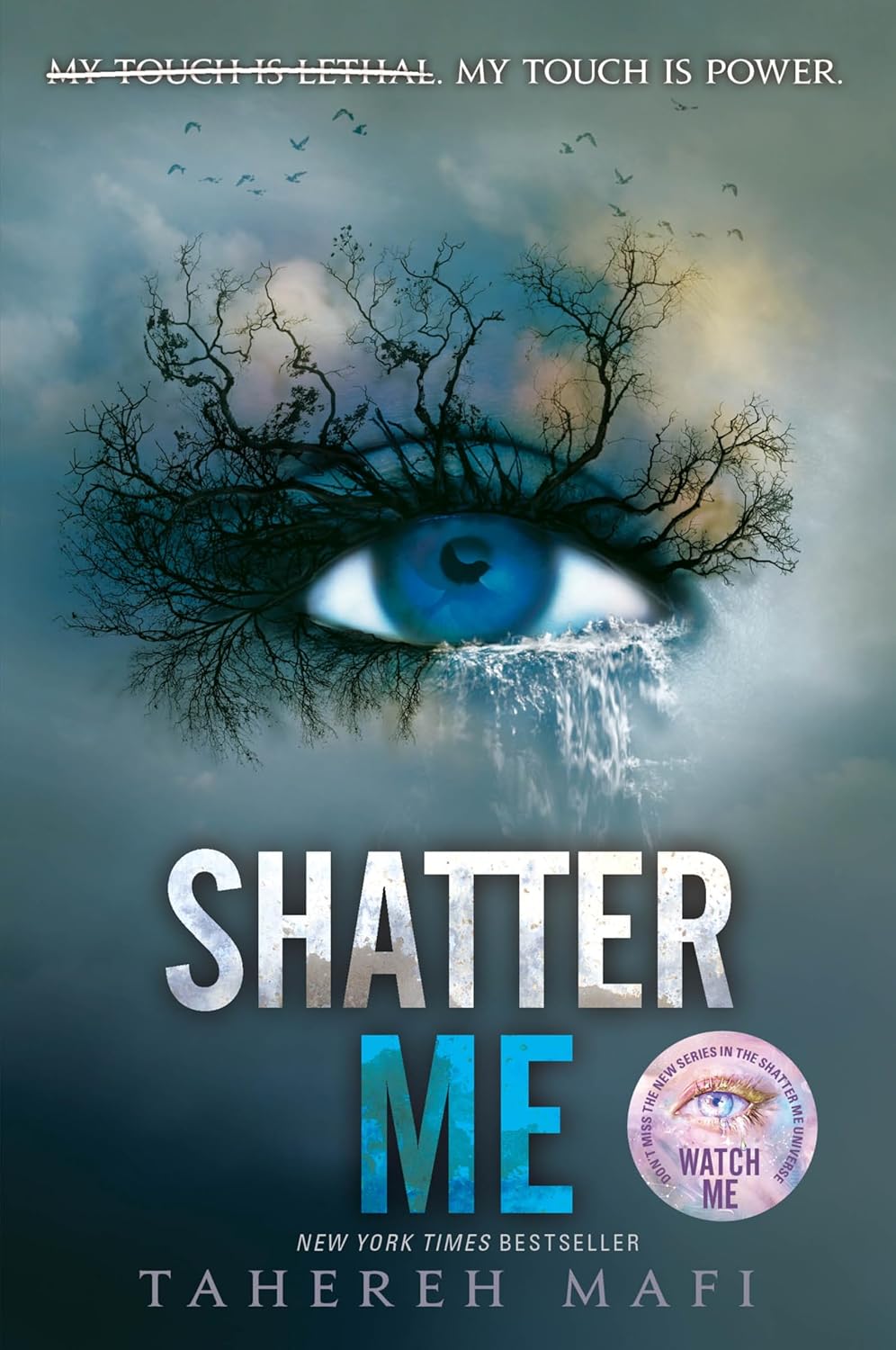 Book cover of 'Shatter Me' by Tahereh Mafi featuring an eye and branches.