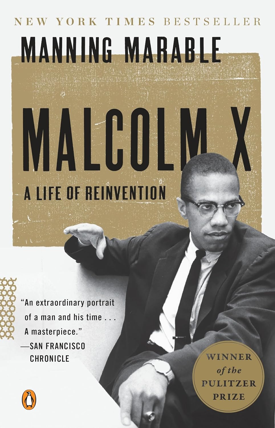 Book cover of 'Malcolm X: A Life of Reinvention' by Manning Marable with a portrait of Malcolm X.