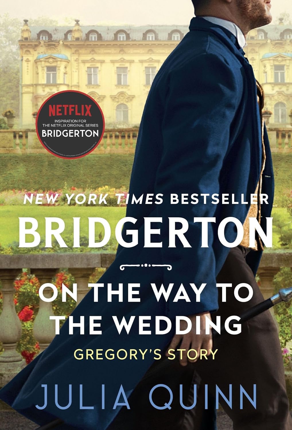Book cover of 'Bridgerton: On the Way to the Wedding' with a person in formal attire and a grand building in the background.