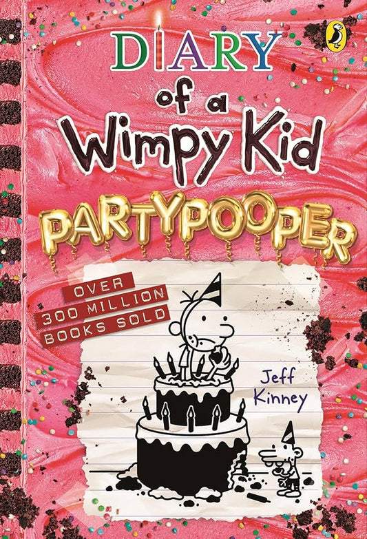 Book cover of 'Diary of a Wimpy Kid: Partypooper' with a pink background and birthday cake illustration.