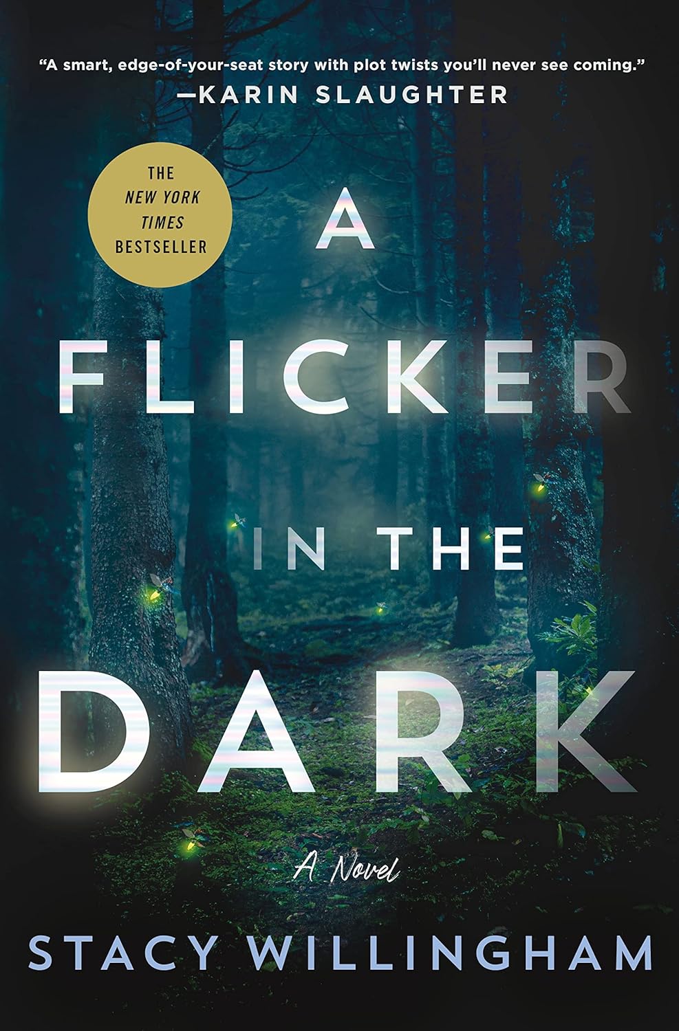 Book cover of 'A Flicker in the Dark' with a dark forest background.