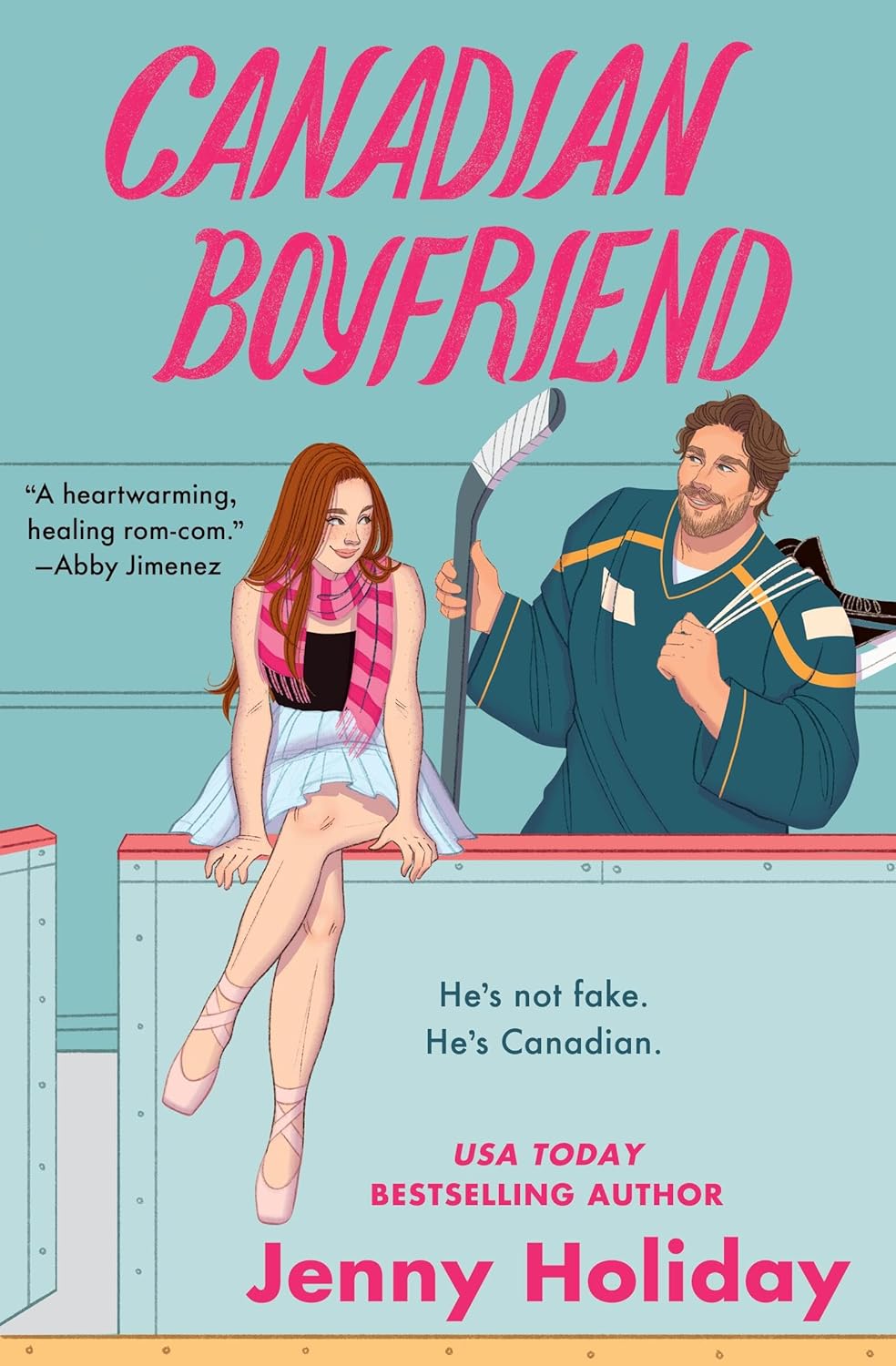 Book cover of 'Canadian Boyfriend' with a hockey player and a ballerina, featuring text about the author and a quote.