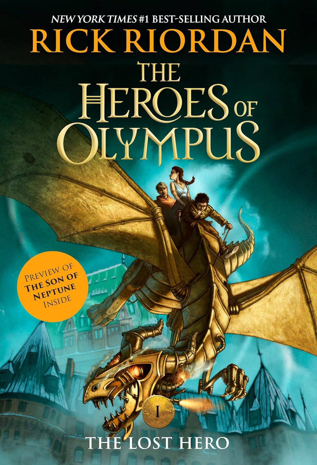 Book cover of 'The Heroes of Olympus' featuring a dragon and two characters on a city skyline.