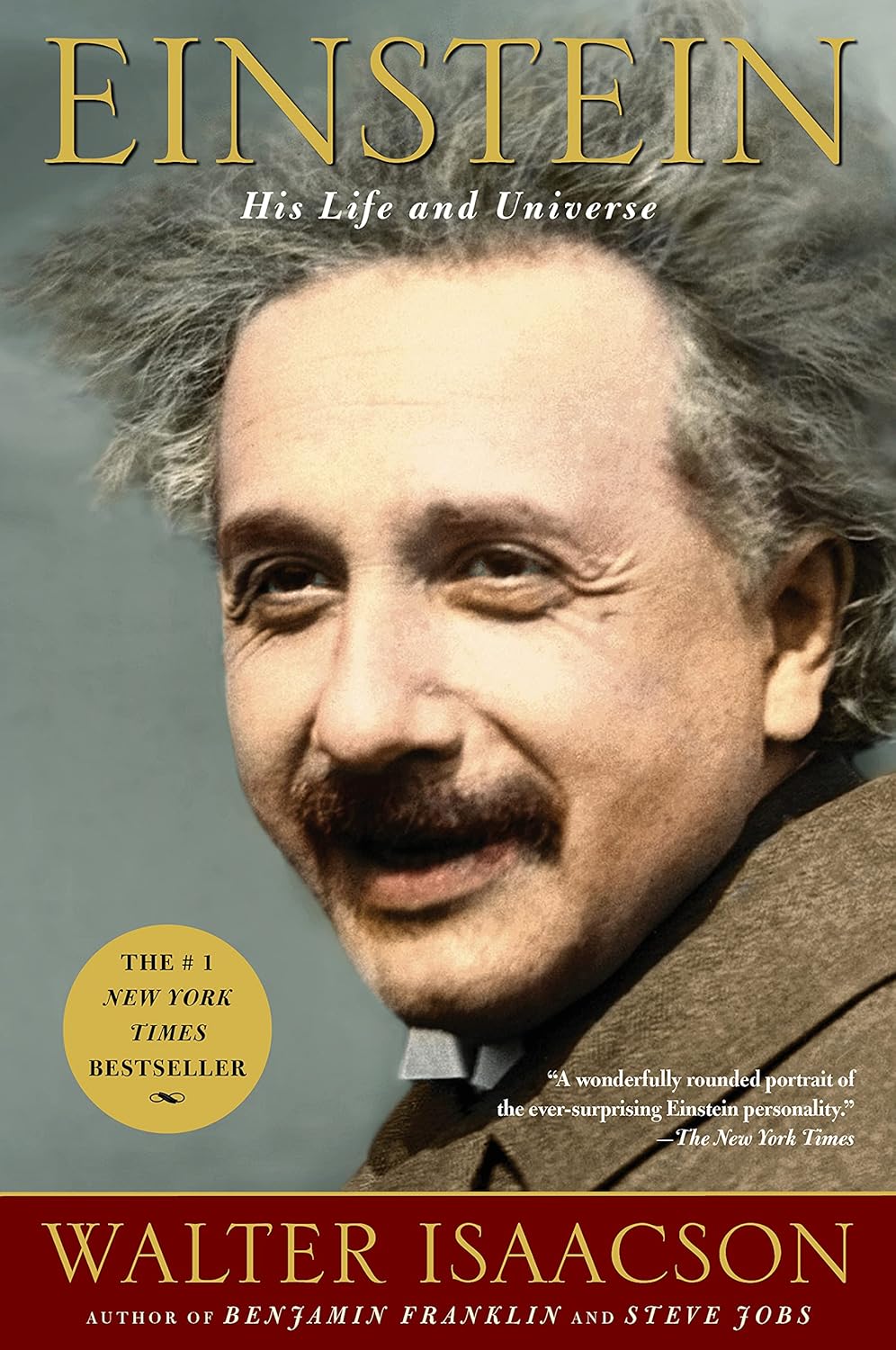 Book cover of 'Einstein: His Life and Universe' by Walter Isaacson featuring a portrait of Albert Einstein.