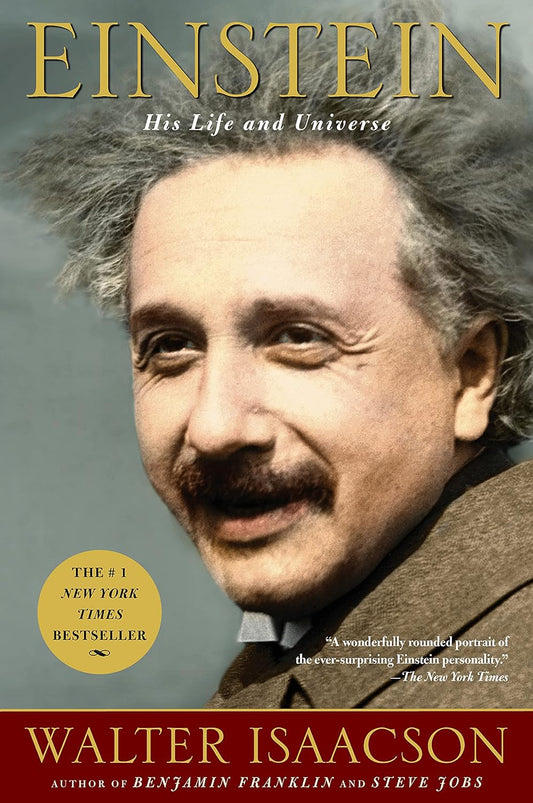 Book cover of 'Einstein: His Life and Universe' by Walter Isaacson featuring a portrait of Albert Einstein.