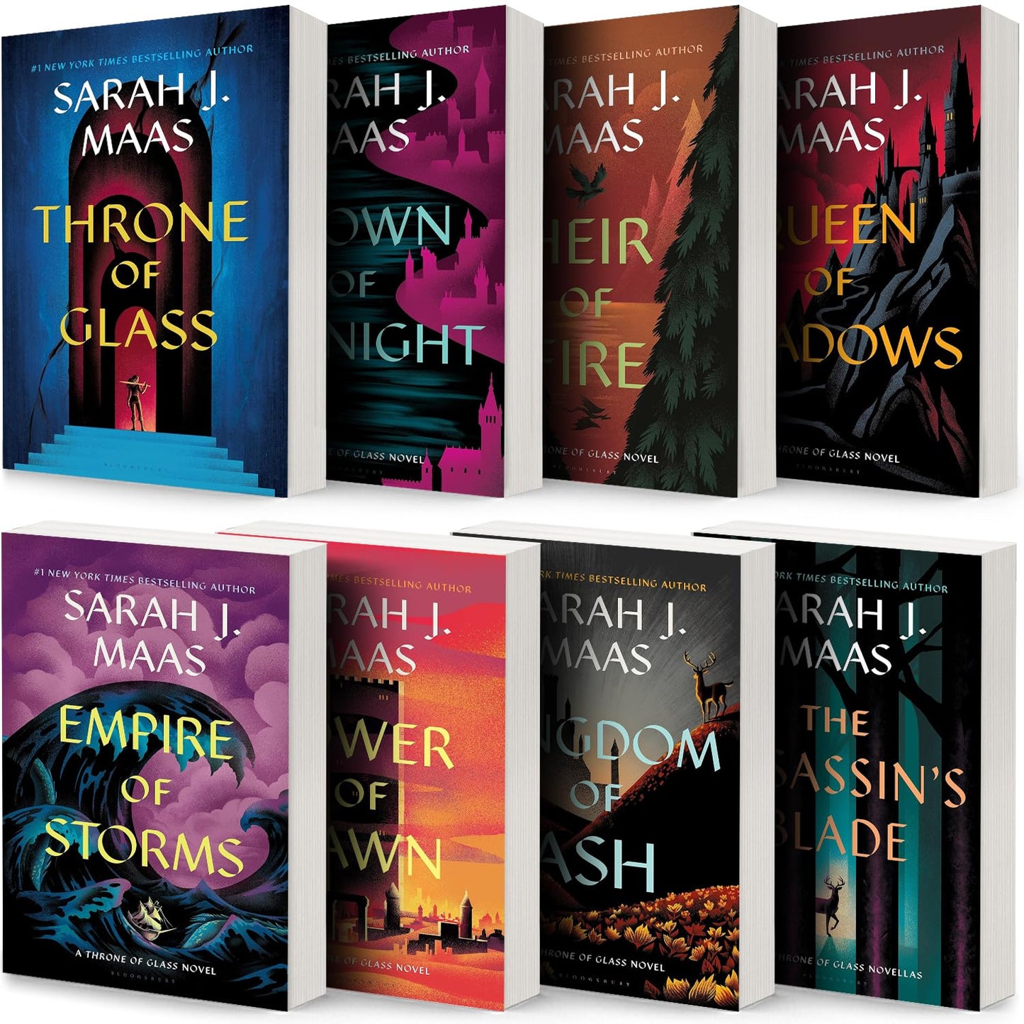Collection of books by Sarah J. Maas with colorful covers