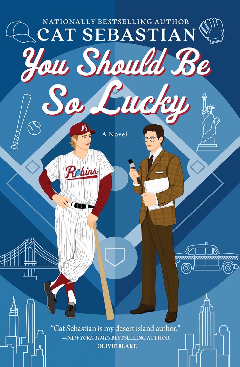 Book cover of 'You Should Be So Lucky' by Cat Sebastian featuring two characters and a cityscape.