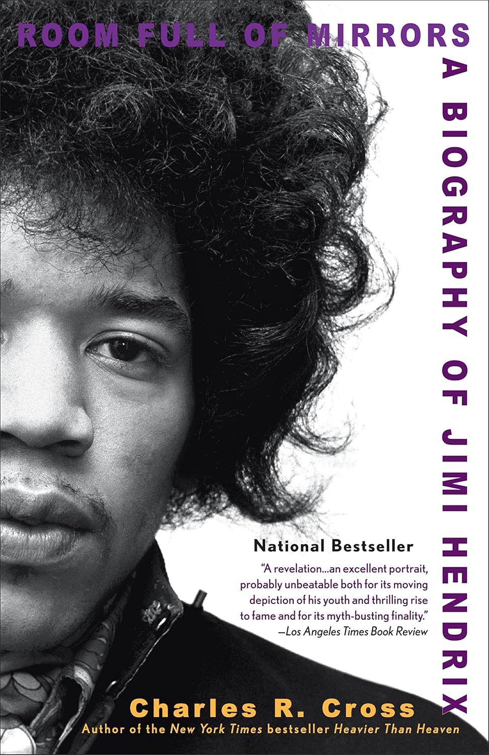 Book cover of 'Room Full of Mirrors: A Biography of Jimi Hendrix' with a black and white photo of Jimi Hendrix.