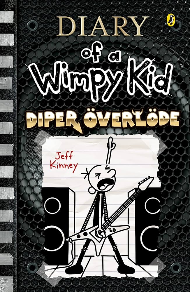 Book cover of 'Diary of a Wimpy Kid: Diper Överlöde' with a character holding a guitar and text.