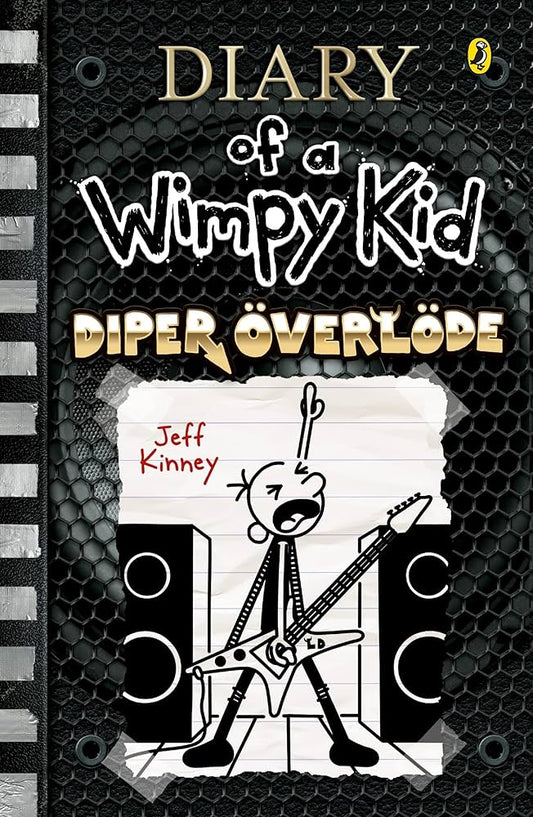 Book cover of 'Diary of a Wimpy Kid: Diper Överlöde' with a character holding a guitar and text.