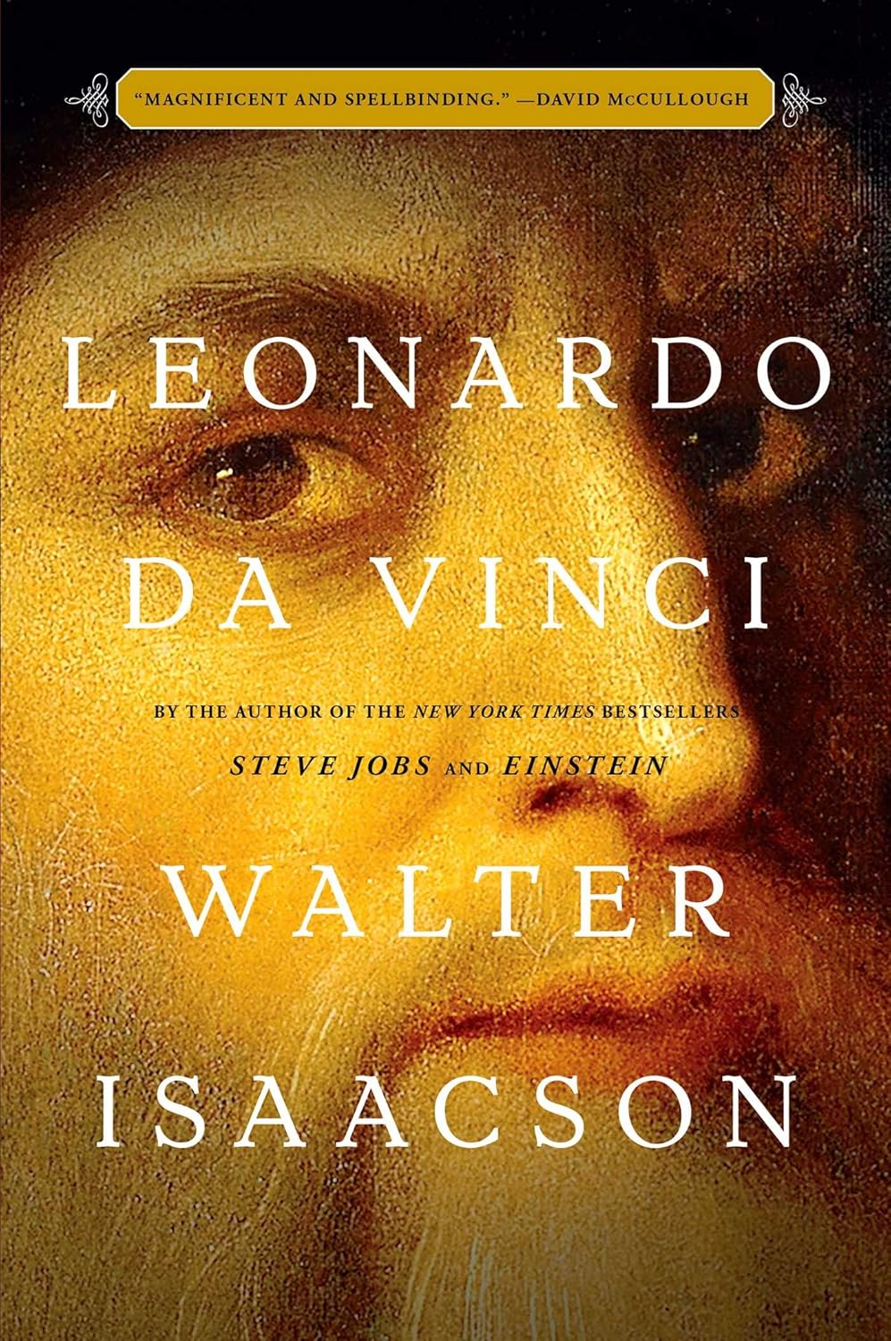 Book cover of 'Leonardo da Vinci' by Walter Isaacson with a close-up of Leonardo's face.