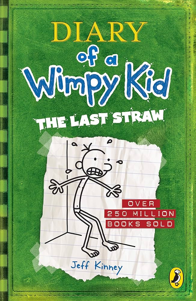 Book cover of 'Diary of a Wimpy Kid: The Last Straw' by Jeff Kinney with green background and stick figure illustration.