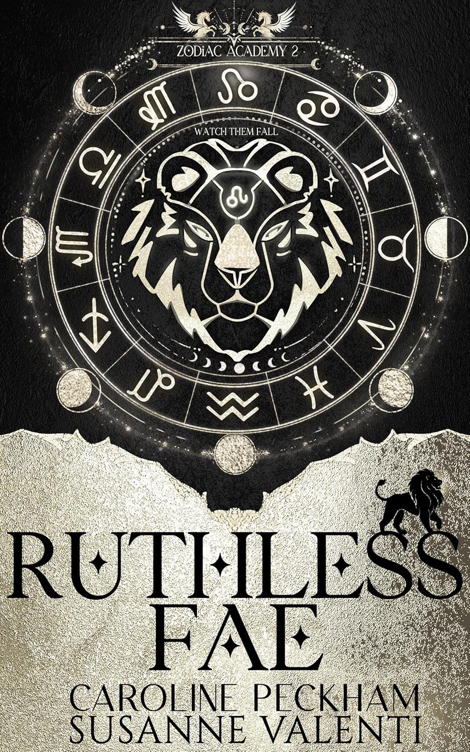 Book cover of 'Ruthless Fae' with zodiac symbols and a lion emblem.