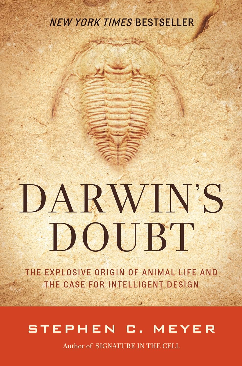 Book cover of 'Darwin's Doubt' with a trilobite fossil on a beige background