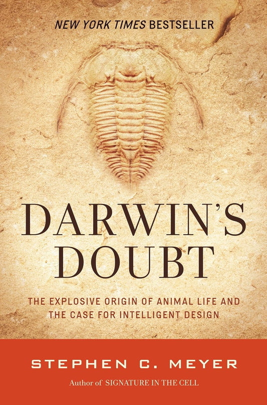 Book cover of 'Darwin's Doubt' with a trilobite fossil on a beige background