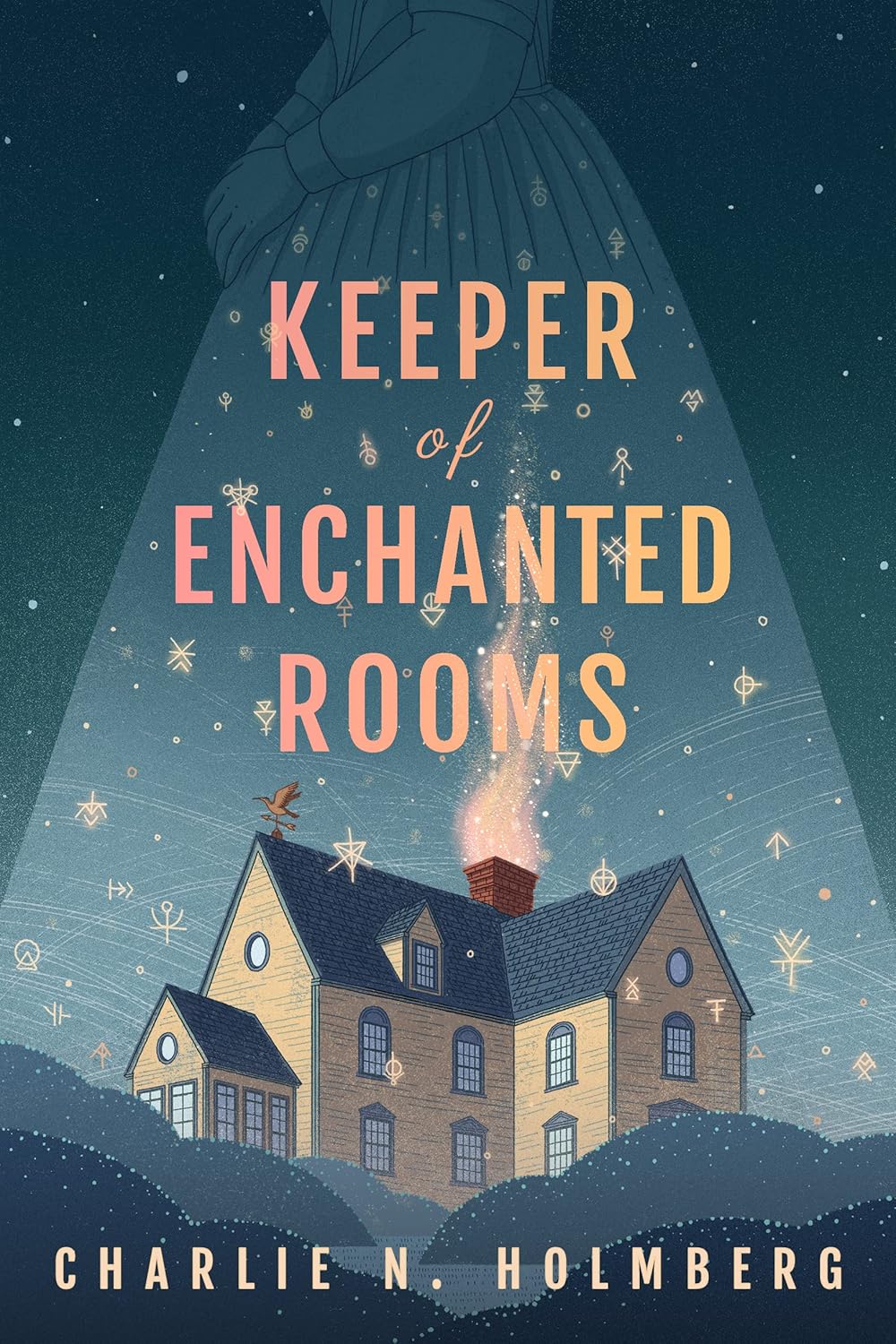 Book cover of 'Keeper of Enchanted Rooms' with a house and person silhouette against a night sky.