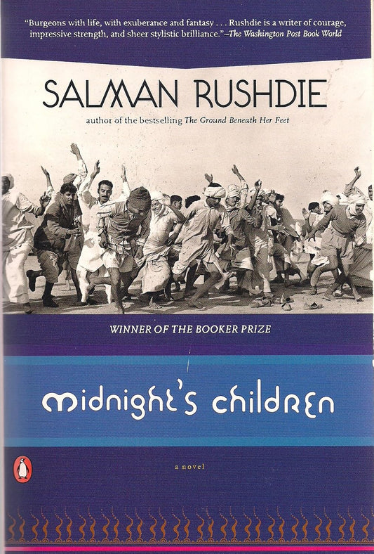 Book cover of 'Midnight's Children' by Salman Rushdie with a black and white photo of people celebrating.