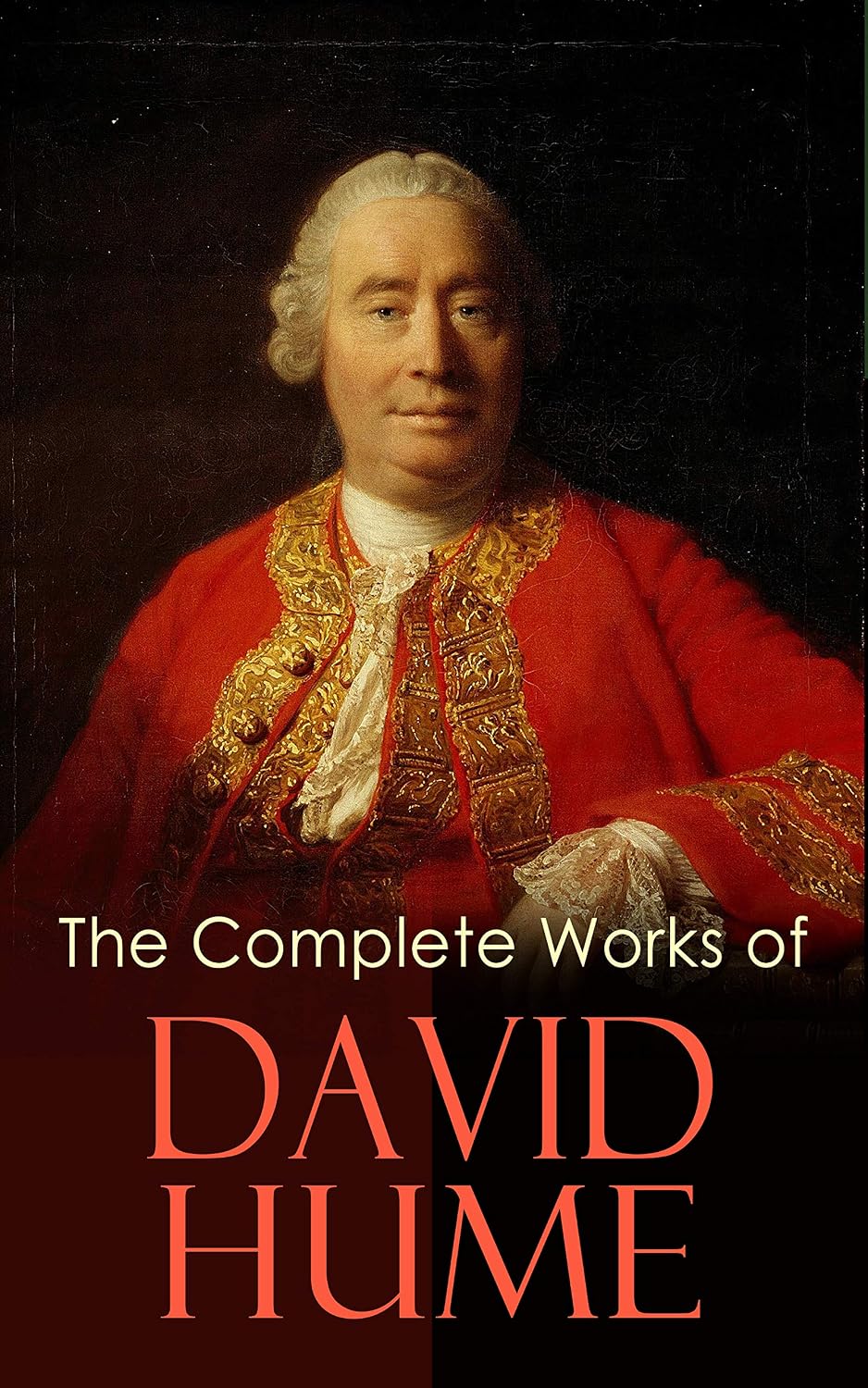 Book cover for 'The Complete Works of David Hume' featuring a portrait painting of David Hume in a red coat with gold embroidery against a dark background, with the title in large red and white text.