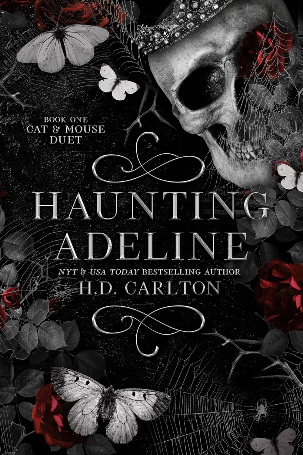 Book cover of 'Haunting Adeline' with skull, flowers, and butterflies on a dark background.