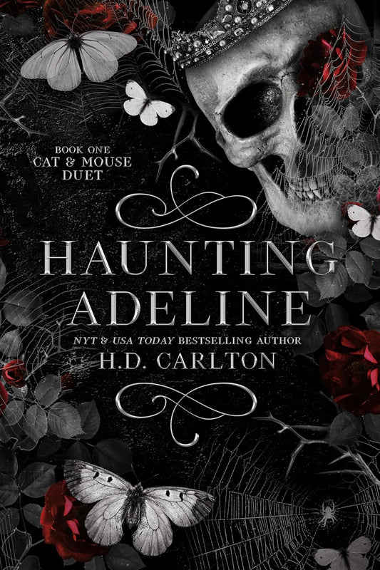 Book cover of 'Haunting Adeline' with skull, flowers, and butterflies on a dark background.